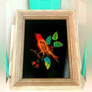 Vintage Framed Red Warbler On A Branch Tinsel Foil Folk Art